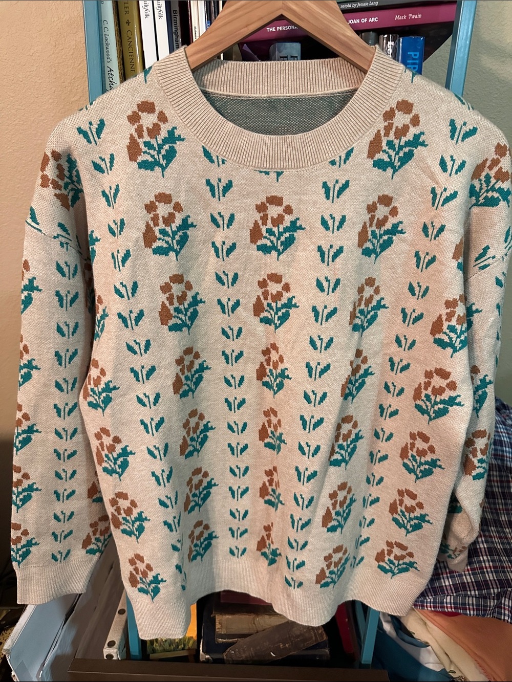 Cream Floral Knit Sweater with Teal and Brown Accents